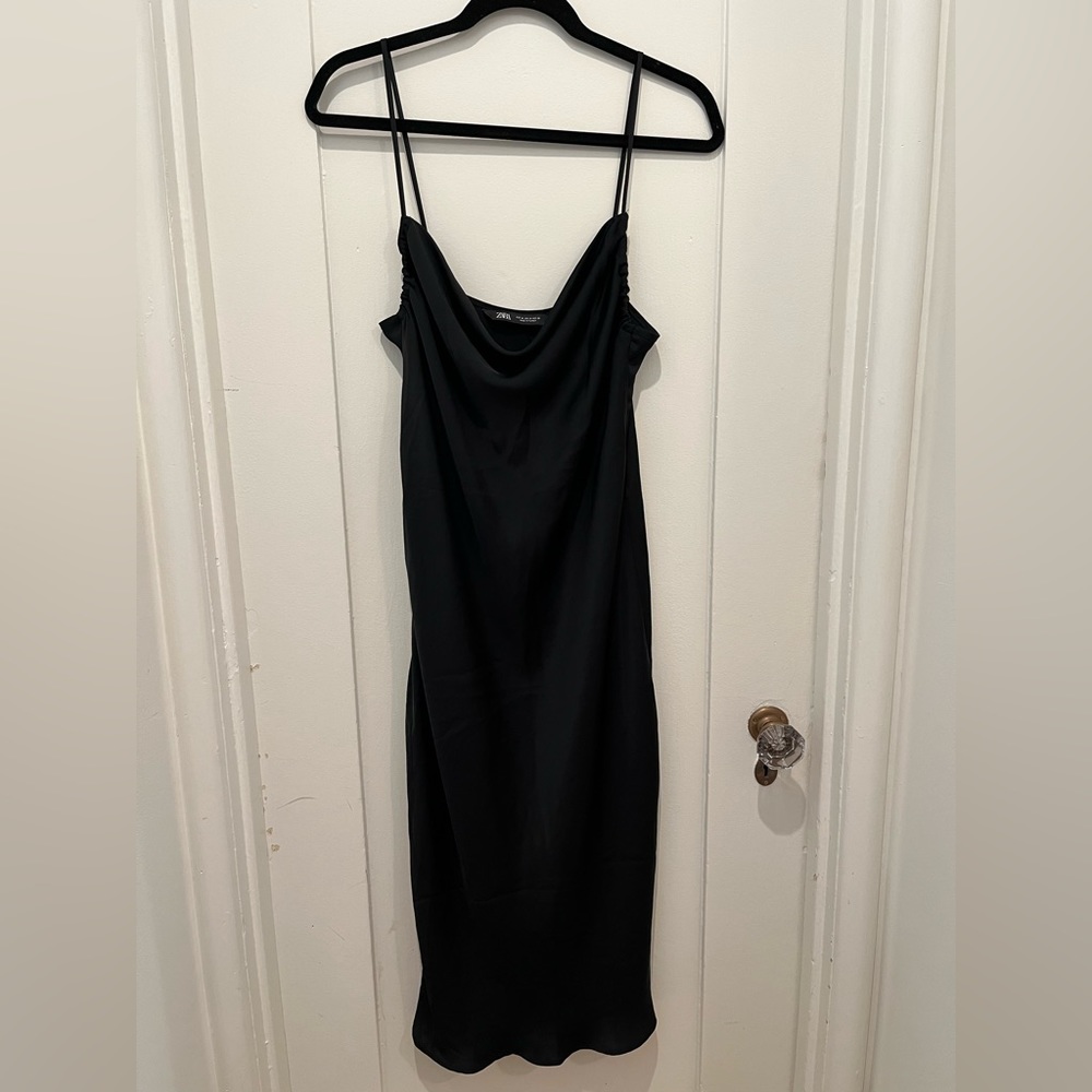Zara Black Satin Cowl Neck Midi Slip Dress
